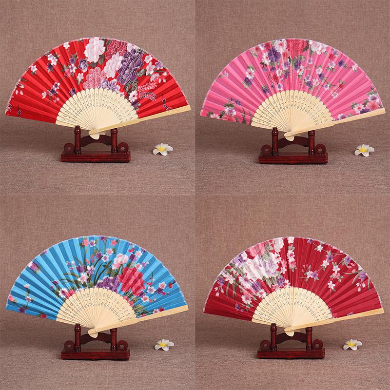 Chinese Style Bamboo Folding Fan Vintage Floral Print Hand Fan For Summer Cooling Dance Wedding Decor