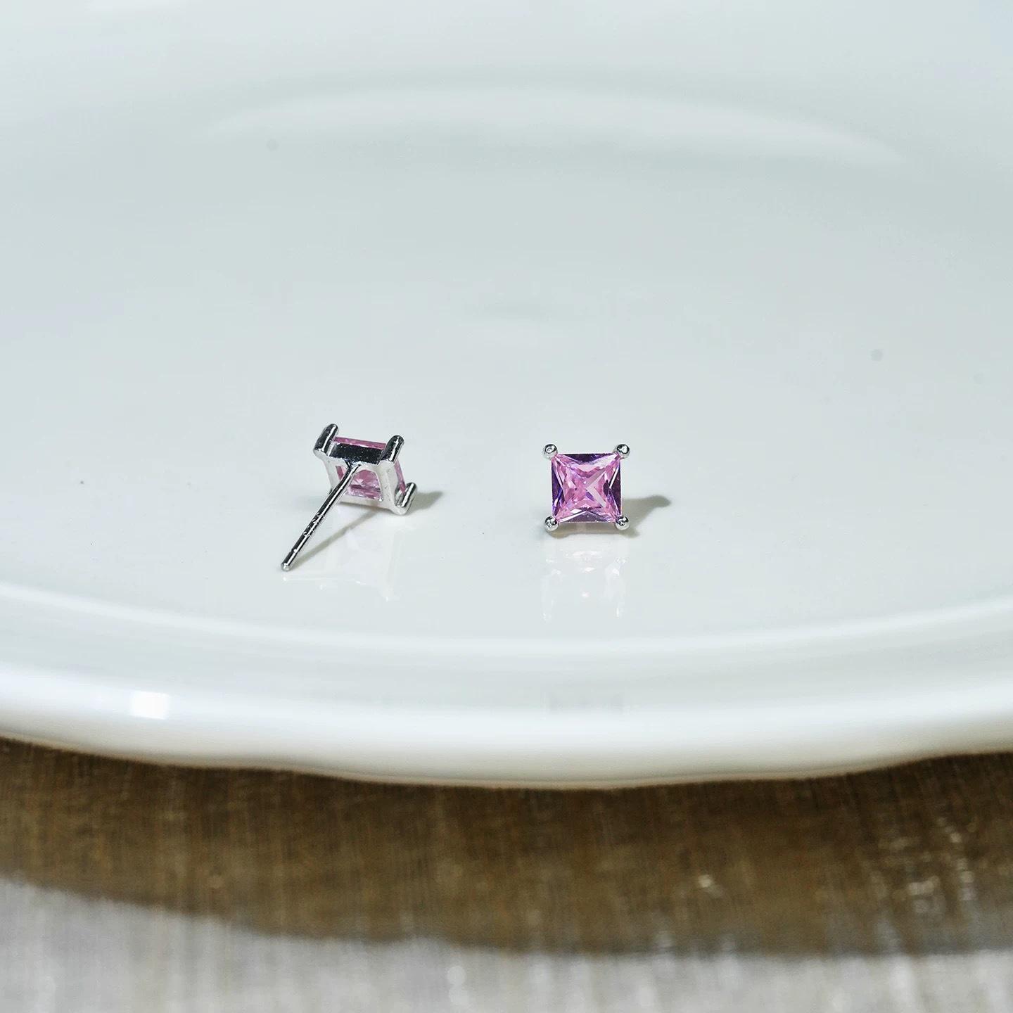 Beixi Multi-color Princess Zircon Square Studs, S999 Silver Simple Fresh Style