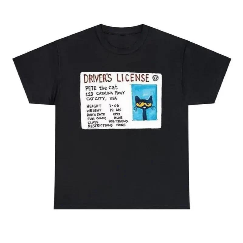 Funny Cat Driver License Graphic T-Shirt Cute Cartoon Cat Tee Unisex Casual XS
