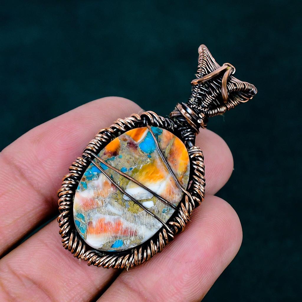 spiny oyster turquoise copper pendant handmade jewelry wire wrapped pendant gemstone jewelry rainbow moonstone pendant gift for father