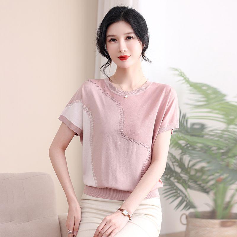 Summer Women's Ice Silk Knitted T-shirt Thin Middle-aged and Elderly Women's Knitted Top