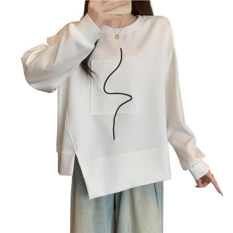 Women's Irregular Hoodie American Version Crew Neck Minimalist Pattern Hoodless Sweatshirt Autumn Casual Comfortable Famale Long Sleeved Top