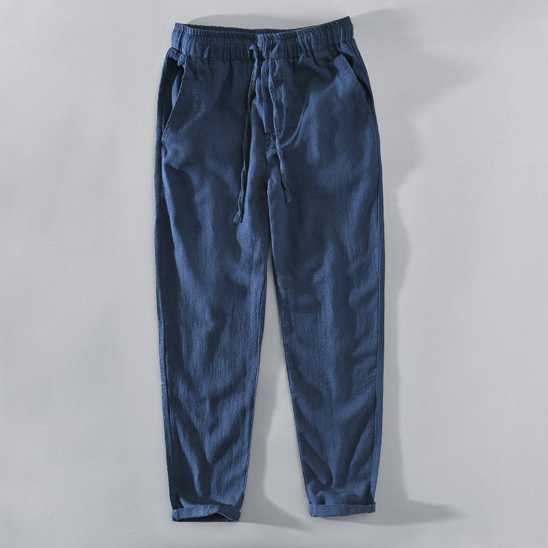 

Льняные брюки для мужчин на лето, хлопковые и льняные свободные и тонкие брюки, дышащие и завязывающиеся на щиколотке повседневные брюки, прямые брюки длиной 9 дюймов 5XL тёмно-синий