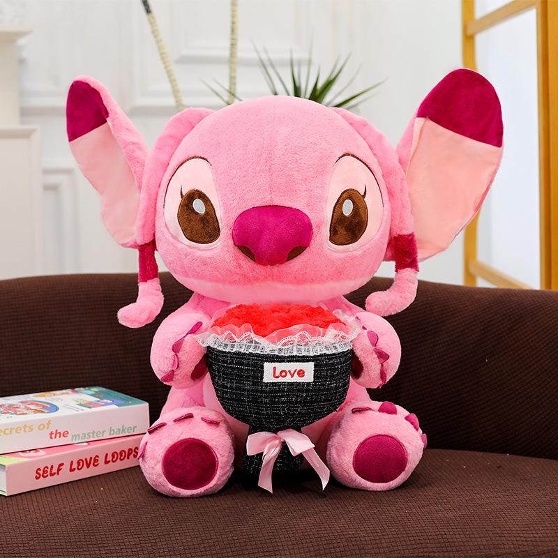 Sakura Pink Stitch Plush Toy with Flowers - Valentine's Day Gift for Girls
