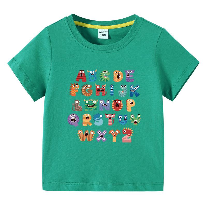 Boys Girls TShirt 26 Letters Print Black 100 Cotton Short Sleeve Tee Soft Casual Summer Tops for Kids Children