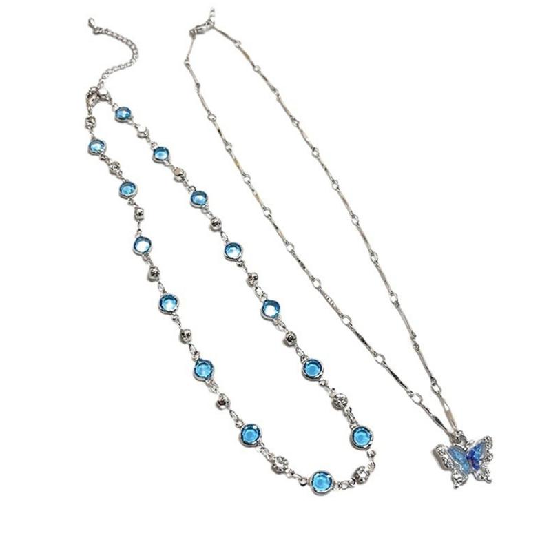 Elegant Blue Crystal Butterfly Necklace Handmade Neckchain Adjustable Length Clavicle Chain Accessory for Everyday Wear