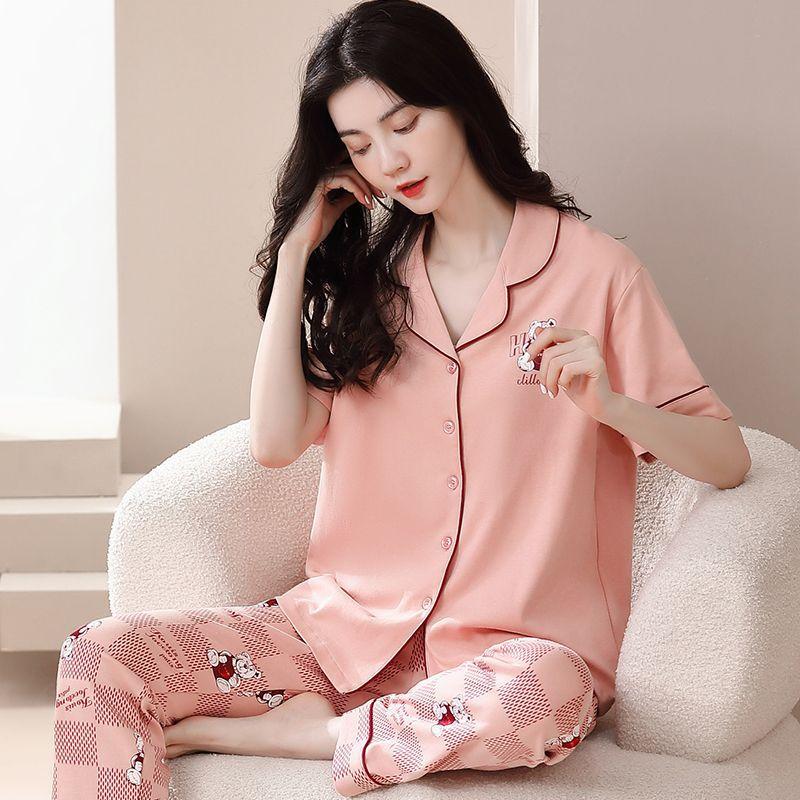 New pajamas women's summer short-sleeved trousers 100% pure cotton thin women's casual lapel mother loungewear set summer