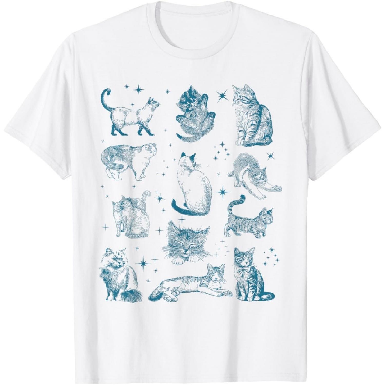Vintage 90s Tattoo Cat Retro Kitten Nature Cat Lover Cat Mom T-Shirt, Small, White S