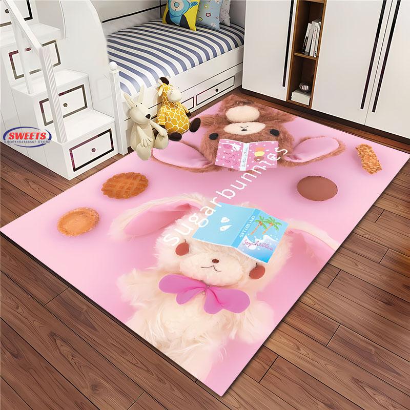 3D HD Cute Rabbits Cartoon Area Carpet,Rug for Living Room Tapete for Bedroom Sofa Kitchen Doormat Decor,Kids Non-slip Floor Mat