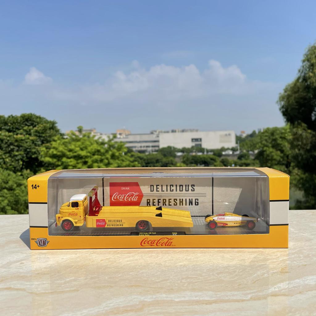 Diecast M2 1:64 Scale Dodge Truck Trailer Coke Set Static Alloy Car Model Collectible Toy Gift Souvenir Display Ornament
