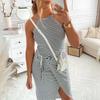 Women's Casual Sleeveless Striped Vest Medium Long Neck Draped Tight Dress