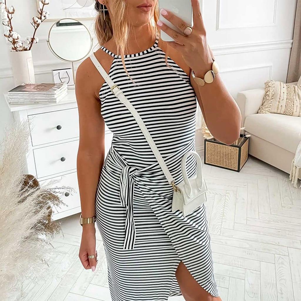 Women's Casual Sleeveless Striped Vest Medium Long Neck Draped Tight Dress