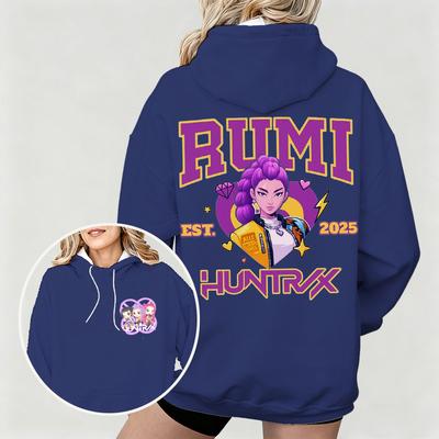 Dámská KPop mikina s kapucí Demon Hunters s grafickou postavičkou Rumi Huntrx Ideální pro podzimní a zimní běžné nošení a jako fanouškovský merchandise