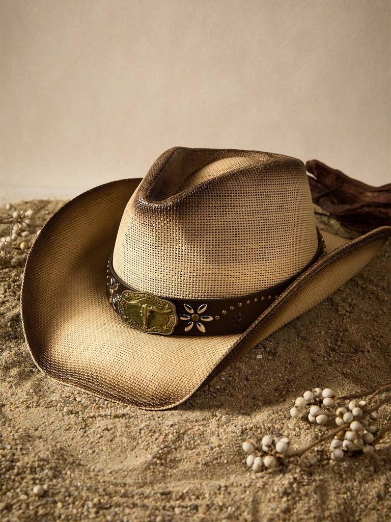 Western Style Straw Cowboy Hat With Decorative Belt Summer Sun Hat Beach Vacation Cap