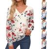 Damenoberteile Langarmmanschetten Button-Up-Hemd V-Ausschnitt Lässiges Lockeres T-Shirt Blumenoberteile