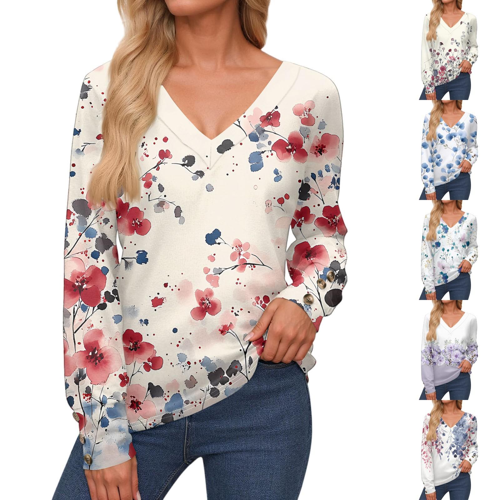 

Women s Tops Long Sleeve Cuffs Button-Up Shirt V-Neck Casual Loose Tee Floral Tops S
