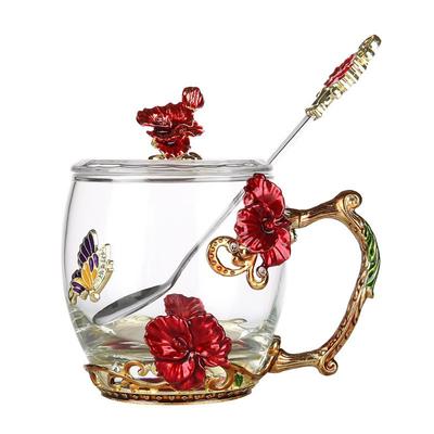 Emaille-Wassertasse mit Deckel Kaffeelöffel-Set, Hochtemperaturbeständige Kristallglastasse
