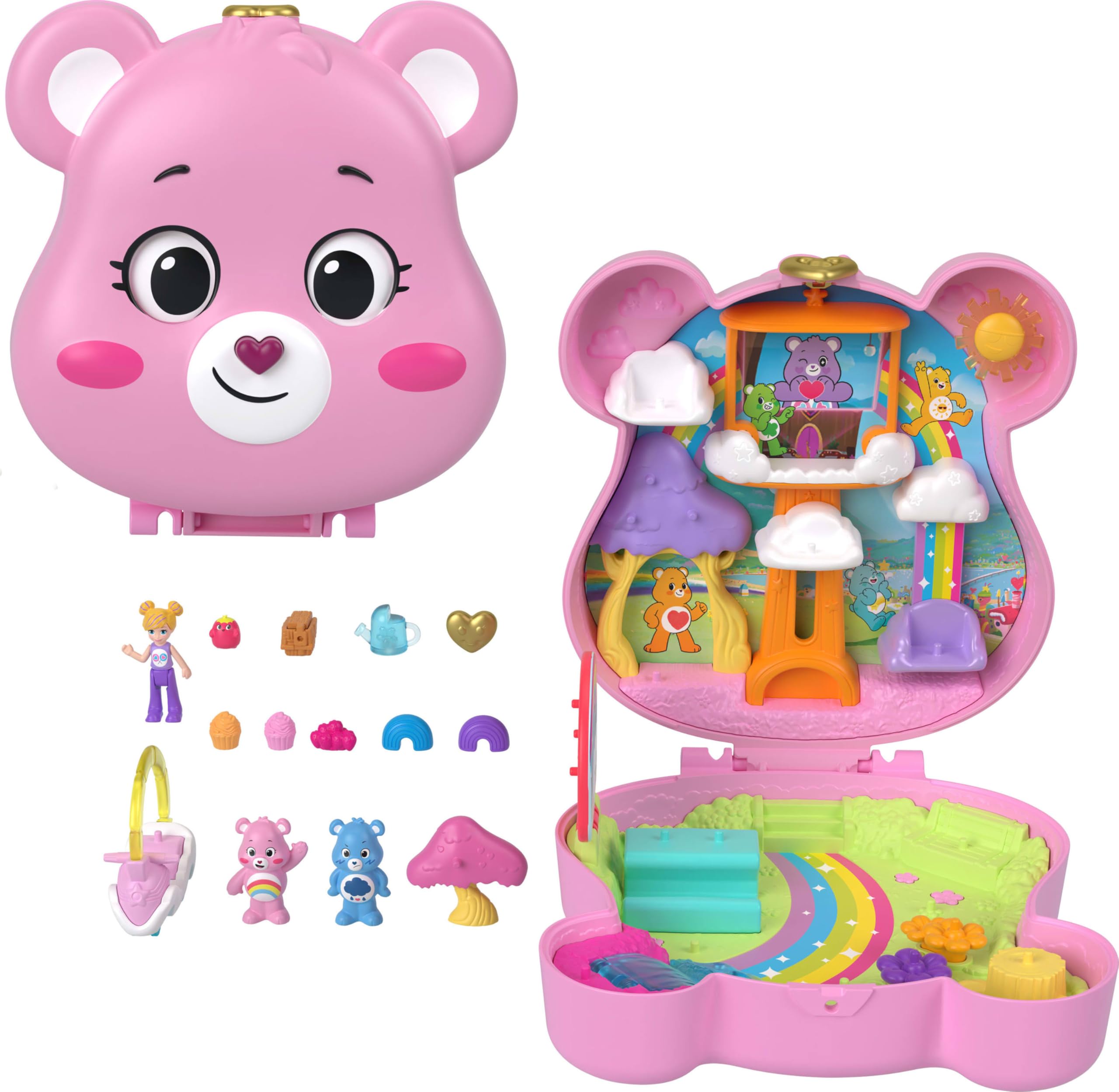 

Игровой набор Polly Pocket x Care Bears с куклой, игрушечным транспортным средством и тематическими дорожным и партнерским компактами и аксессуарами, игрушка,