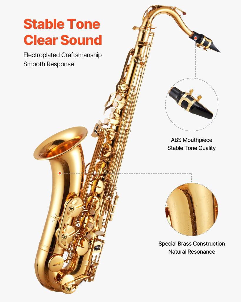 VEVOR Tenor Saxophone, B Flat, Professional Brass Saxophone Beginner Kit with Carrying Case, Mouthpiece, Straps, Cleaning Cloth, Gloves, Neck Strap