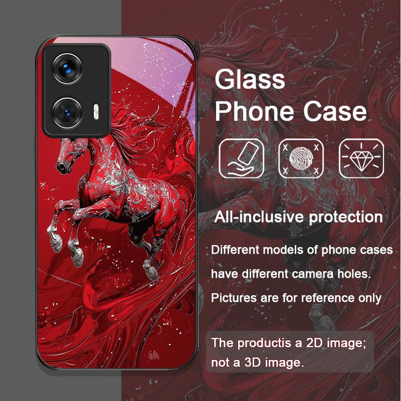 Elegante Custodia in Vetro Temperato Stile Cinese con Stampa Cavallo Rosso per Motorola Moto Edge 50 Fusion 40 Neo 30 Pro G85 G84 G75 Cover