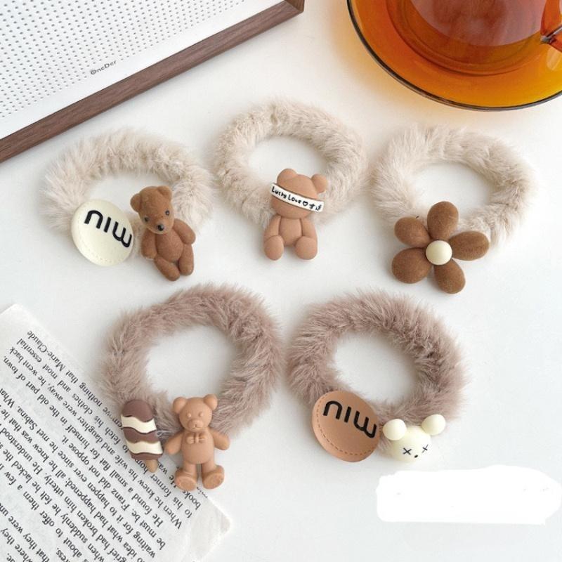 Winter Milk Coffee Cartoon Plush Headband, Bow, Flower Hair Rope, Network, Same Style Hair Accessories