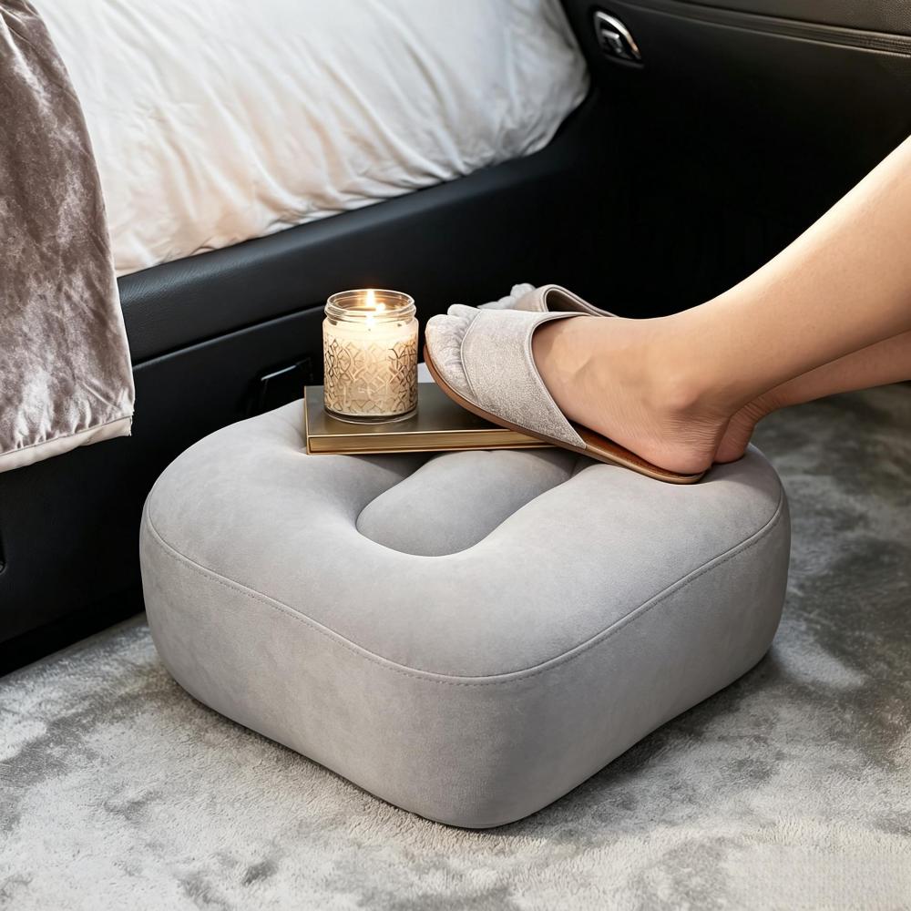 Portable Flocked Inflatable Foot Rest,One‑Push Adjustable Height Foot Stool for Airplane,Train,Office,Relieve Leg Fatigue