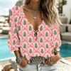 Women's Casual V-Neck Printed 3/4 Sleeve Blouse with Tie Front and Ruffled Trim