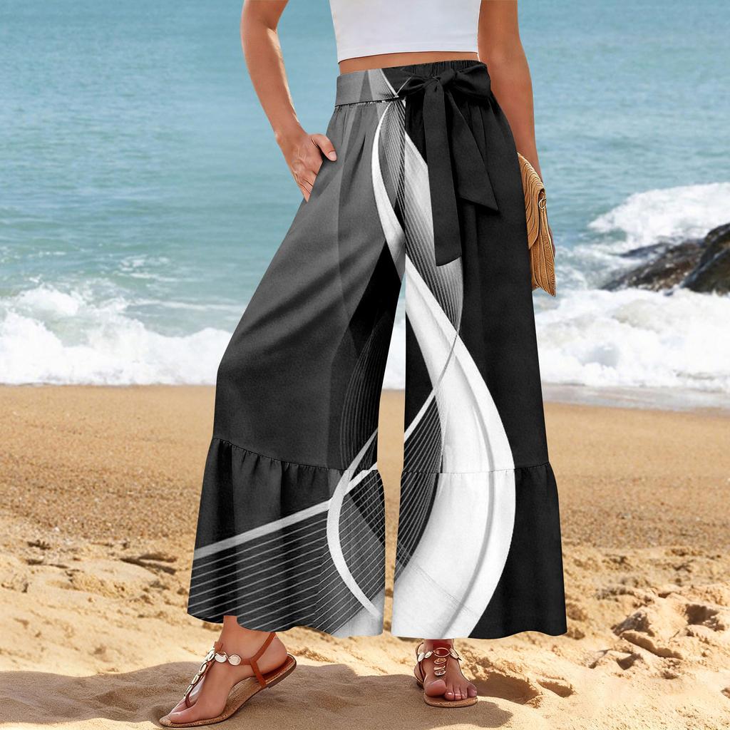 Women's Wide-Leg Casual Pants, Stretch, High Waist, Ruffled Hem, Wide Legs, Belted, And Pockets