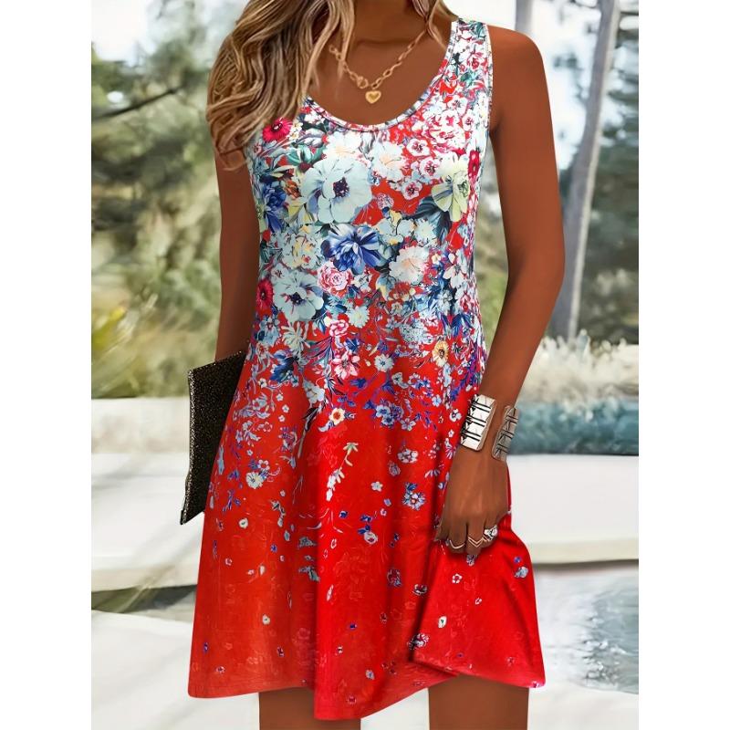Robe d'été sans manches à imprimé floral, robe de mode à col rond, ample, décontractée, simple, florale, élégante, trapèze, courte, pour soirée, vêtements de femme douce