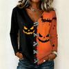 Women's Halloween Printed V Neck Long Sleeve Pullover Top Casual Lightweight Stretchy Shirt for Fall Seasonal Wear