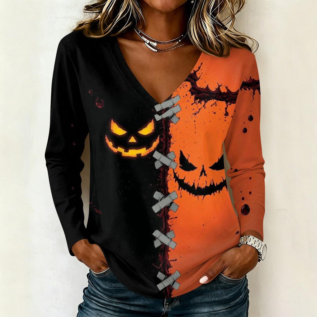 Women's Halloween Printed V Neck Long Sleeve Pullover Top Casual Lightweight Stretchy Shirt for Fall Seasonal Wear
