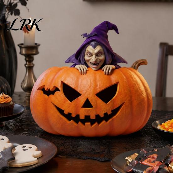 Detailed Resin Ornaments Halloween Pumpkin Witch Figurine, Spooky Bat Tabletop Decor, Stable Hand Carved Base Mini Statue for Window Showcase