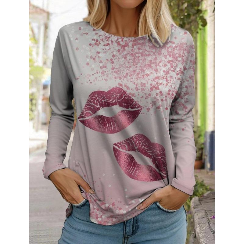 Autumn Long Sleeves T Shirt Lip Print Women's T-shirts Fashion Casual Tops Daily Loose Crew Neck Women Clothing