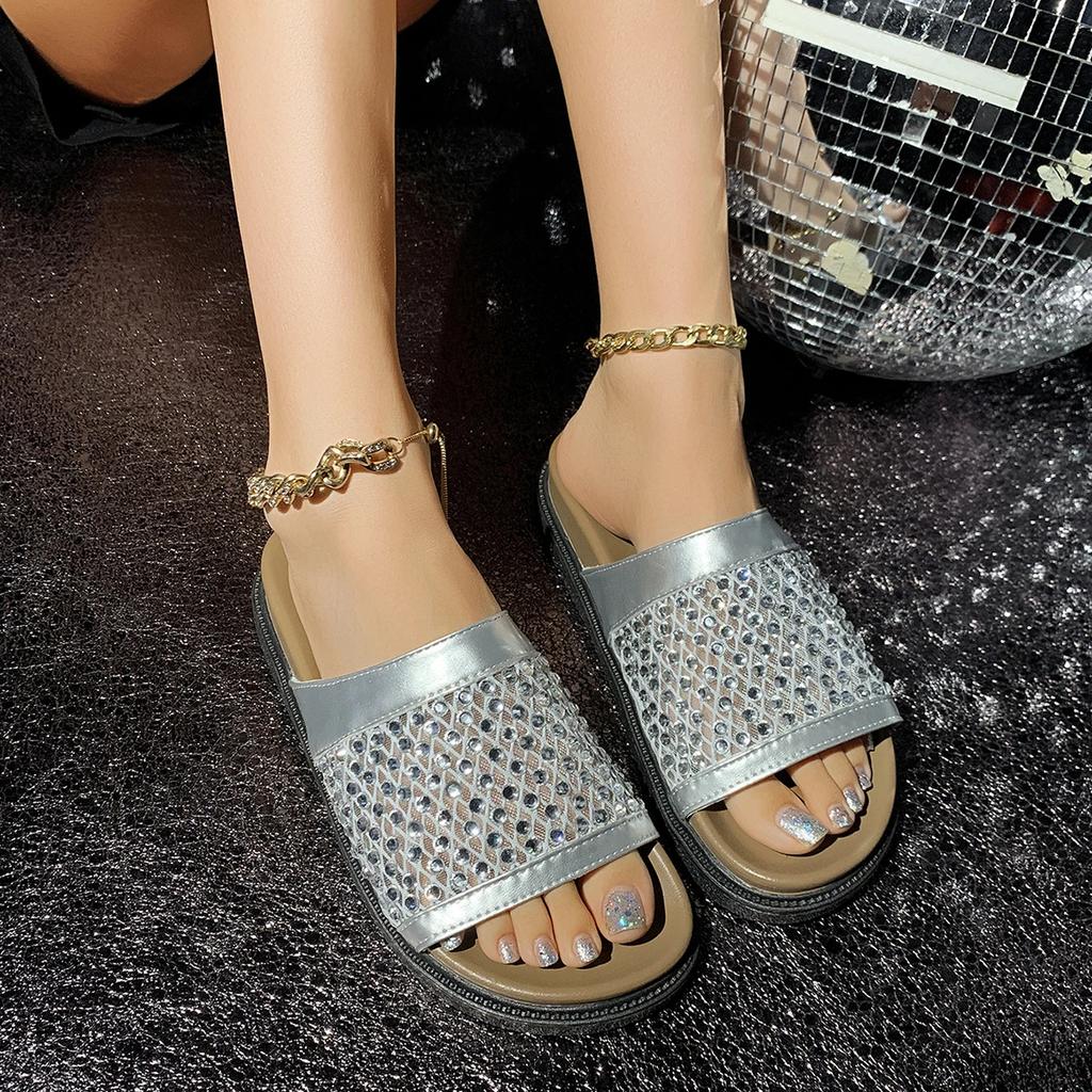 Fashion Women Flat Slippers Breathable Rhinestone Mesh Shoes Thick Sole Slippers Beach Sandals Outdoor Trend Designer Lady Slides Women