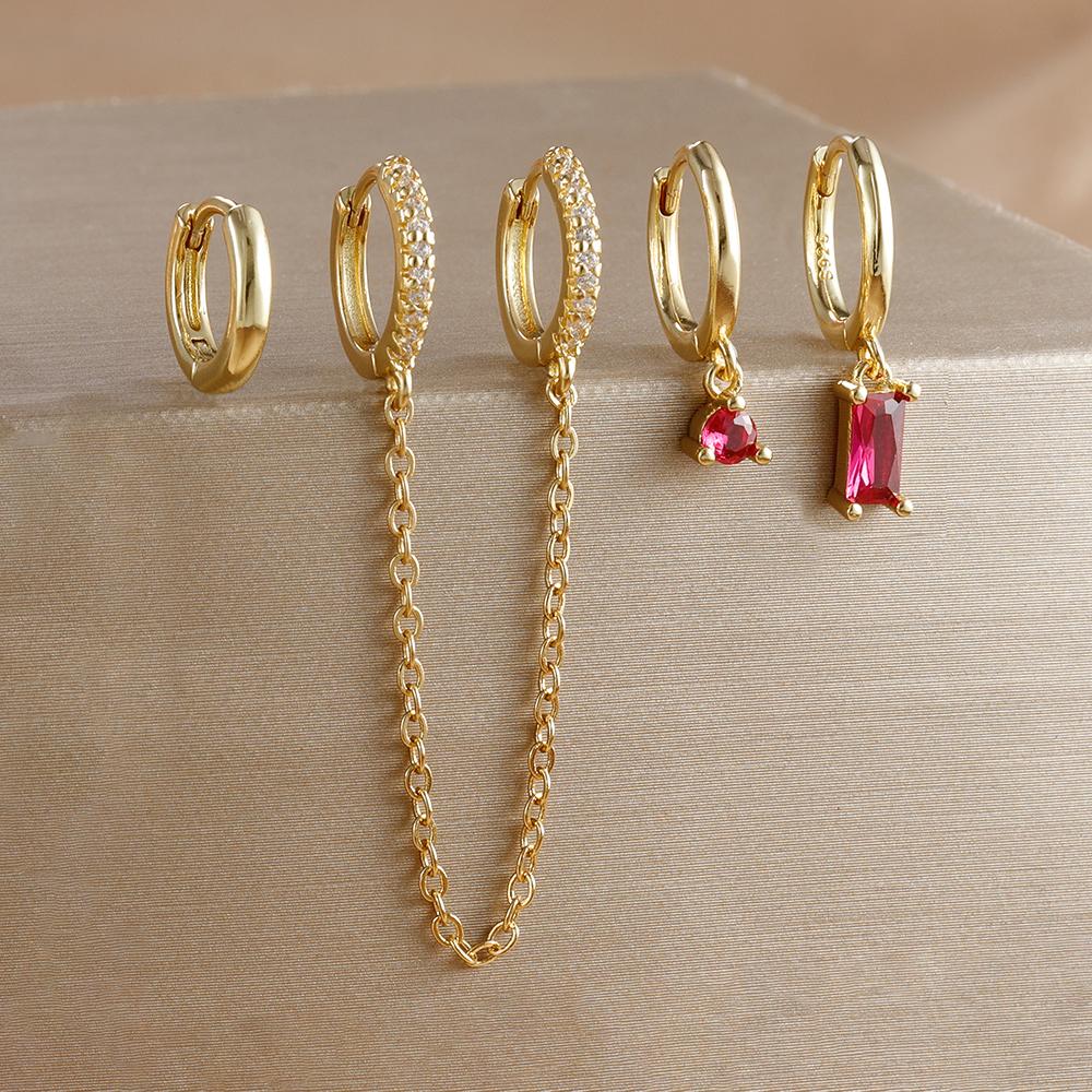 4pcs Fashion Colorful Zirconia Chain Square Earrings Set for Women Two Hole Round Circle Gold Color Hoop Earring Wedding Jewelry