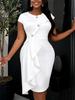 Plus Size White Ruffle Bodycon Midi Skirt with Rhinestone Button