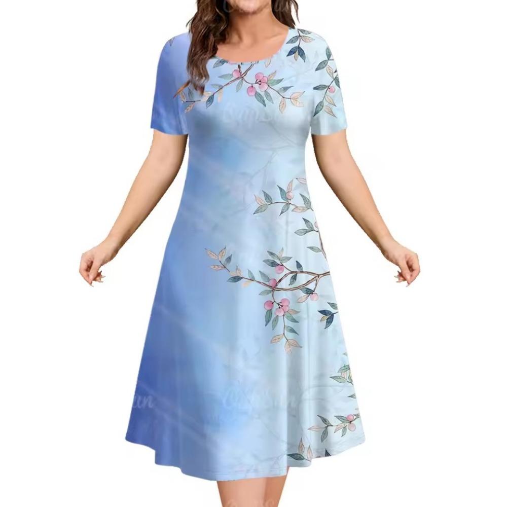 Summer Floral Print Dress round Neck Short Sleeve A-Line Skirt Elegant Women's Floral Skirt Casual Chic Lady's Clothing