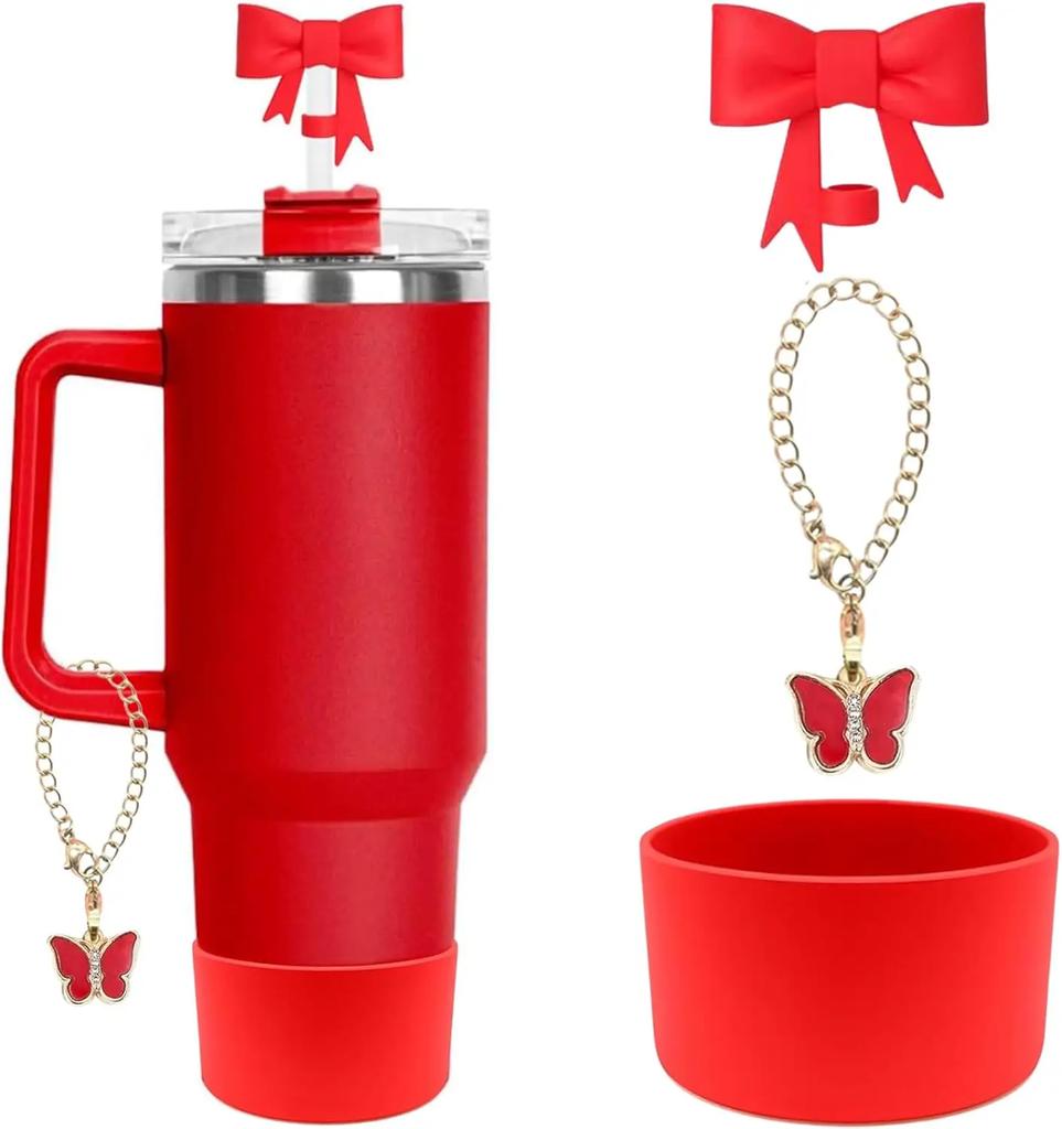 Bow Straw Cover for Stanley Cup Silicone Topper Pink Butterfly Chain Silicone Boot Pink Cup Accessories Set for 30/40 OZ Tumbler