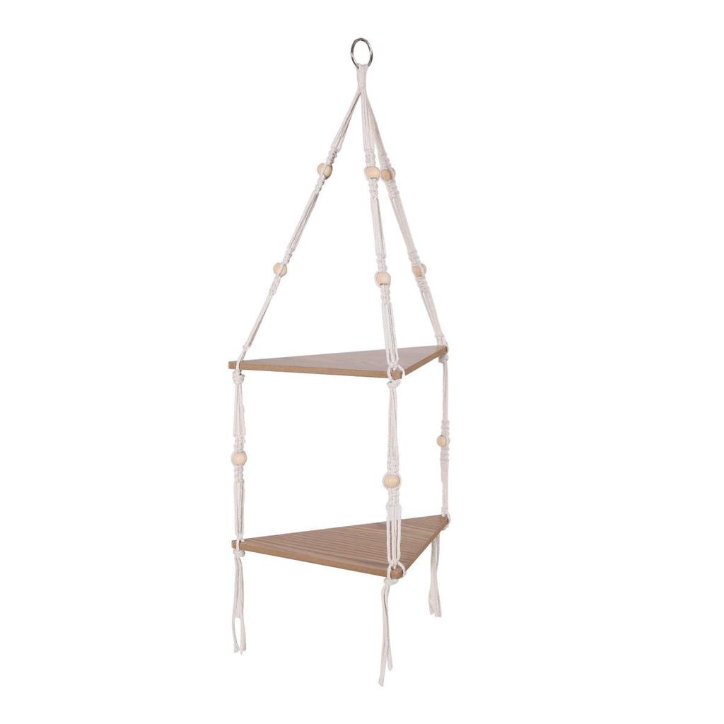 Mensola Angolare Sospesa In Macramè Beige 3 Ripiani | Scaffale Boho Fai Da Te In Legno E Cotone | Porta Piante Da Interno
