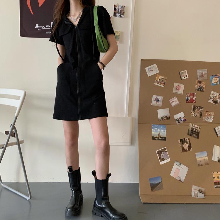 2025 Trendy Korean-Style Women's Summer Zipper Dress: Loose Casual Short-Sleeved Hooded Top