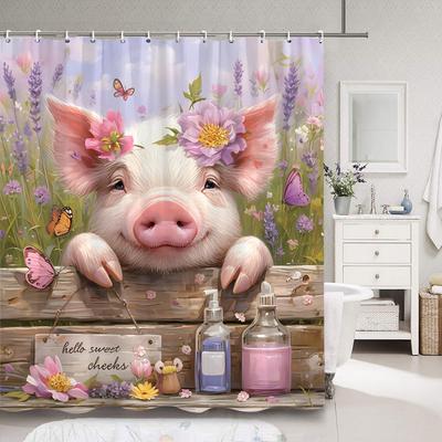 Rideau de douche Fleur Joli Cochon Panneau en Bois Rustique Papillon Fleur Aquarelle Créatif Polyester Rideau de Bain Décor de Salle de Bain