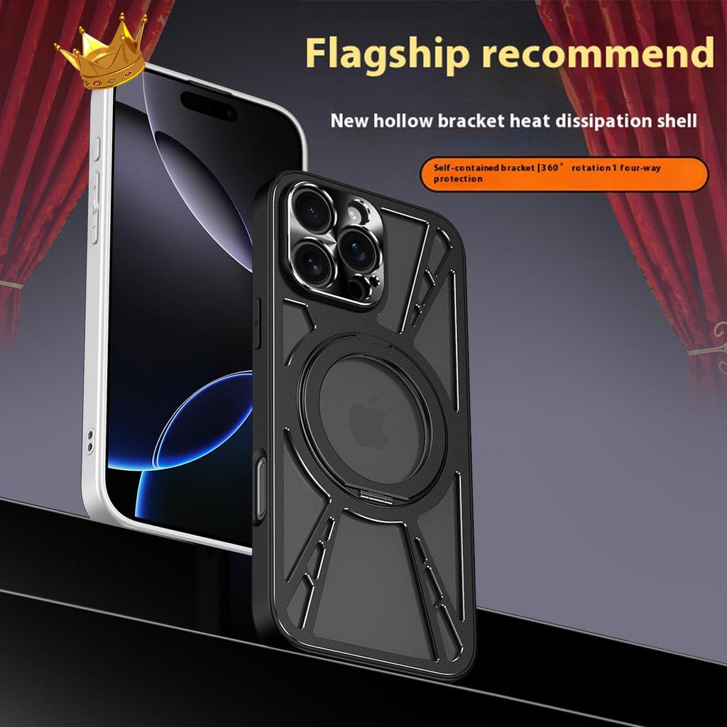 For iPhone 16 Pro Case Magnetic Kickstand Hollow Heat Dissipation Silicone+PC+Metal Bumper Phone Cover