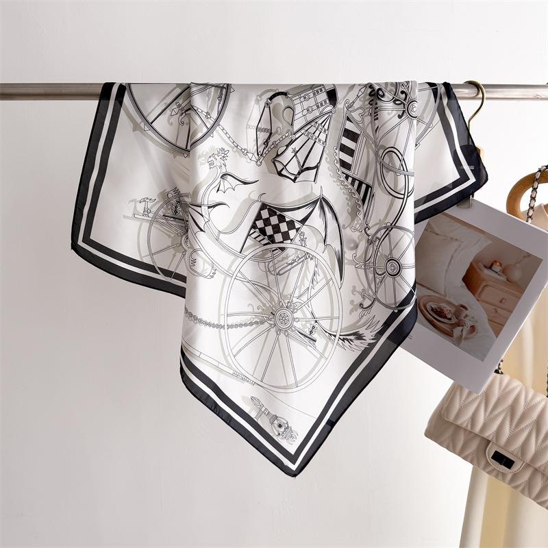 68cm Retro Mechanical Printed Scarf Women's Spring and Summer New Imitation Silk Square Scarf High-end Versatile Shawl Headscarf