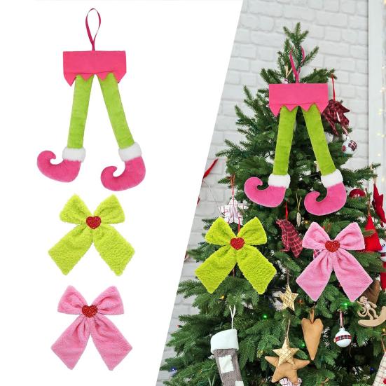 Christmas Bow Hanging Ornament Plush Elf Legs with Red Green Bows for Tree Decor Festive Fun Home Decoration