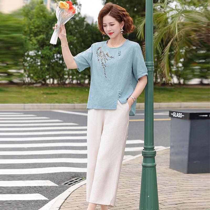 2026 New Summer Cotton & Linen Maternity Set: Stylish Short-Sleeve T-Shirt for Women, Middle-Aged & Elderly