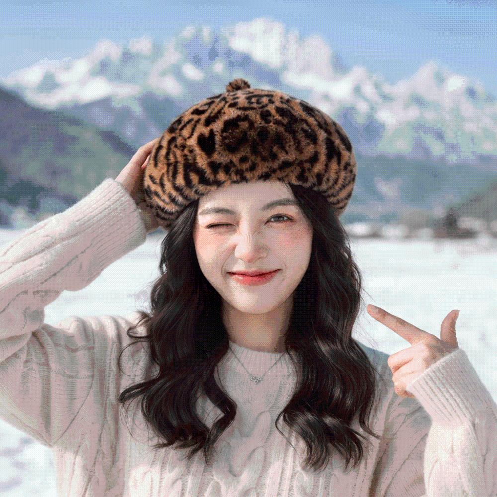 Furry Leopard Print Hat Thickened Pumpkin Painter Cap Plush Octagonal Cap Commuting