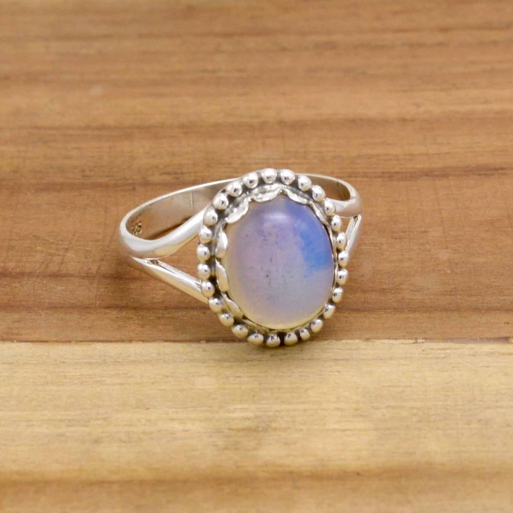 Opalite 925 Sterling Silver Ring, Oval Gemstone Handmade Women Boho Ring Jewelry