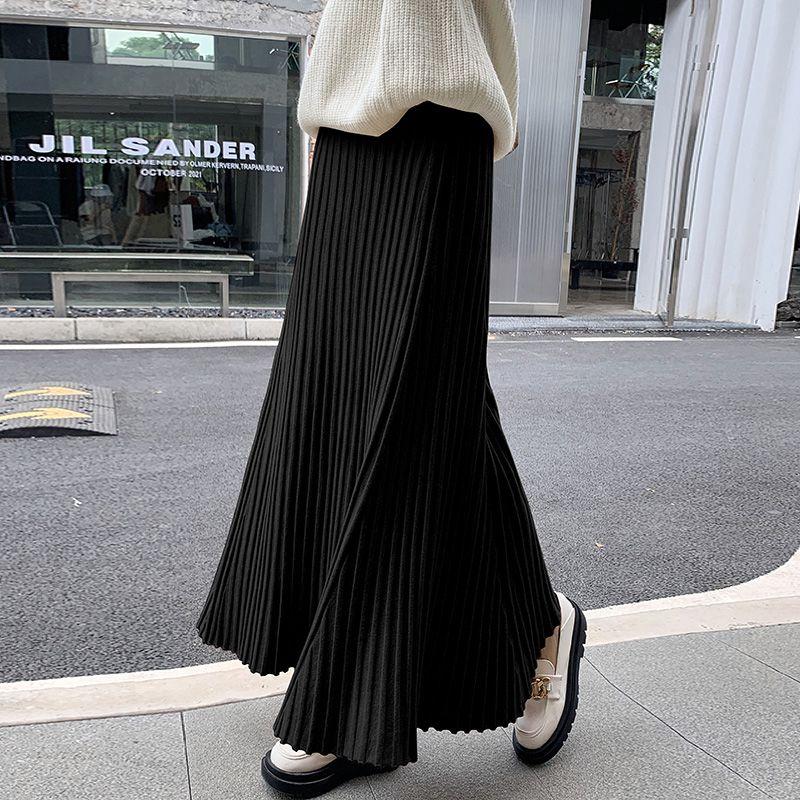 Autumn Winter Simple Classic Warm Female Knit Long Skirt Pleated Skirt Women High Waist Slim Vintage A-Line Skirt