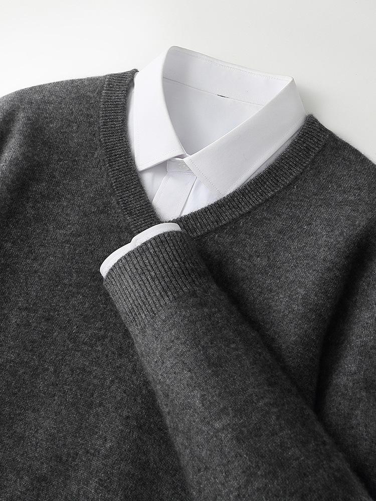Men's Loose V-Neck 100% Wool Sweater: Thick Solid Color Knitwear for Casual & Business.