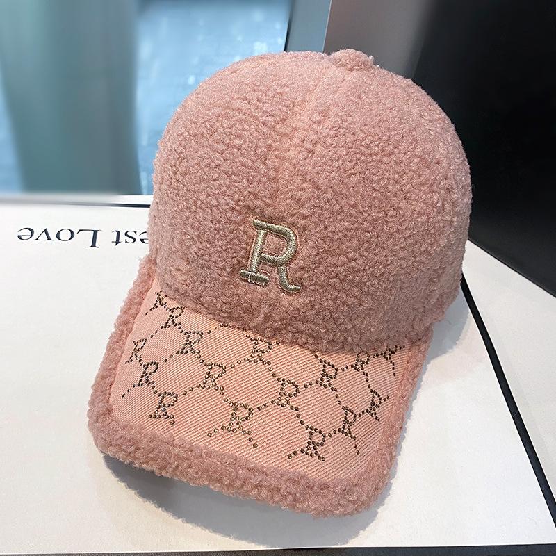 Hat Women's Autumn and Winter Korean Style Fashion Letter Embroidery Baseball Cap Lamb Wool Versatile Face Revealing Small Warm Peaked Cap